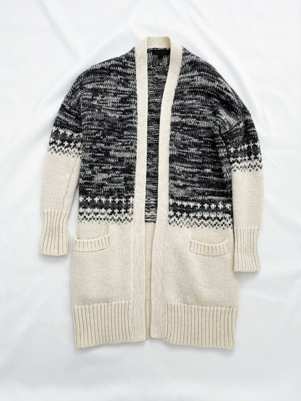 Banana Republic Fair Isle Long Open Cream/Gray Cardigan Women's XS